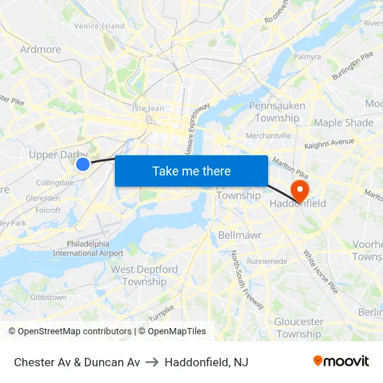 Chester Av & Duncan Av to Haddonfield, NJ map