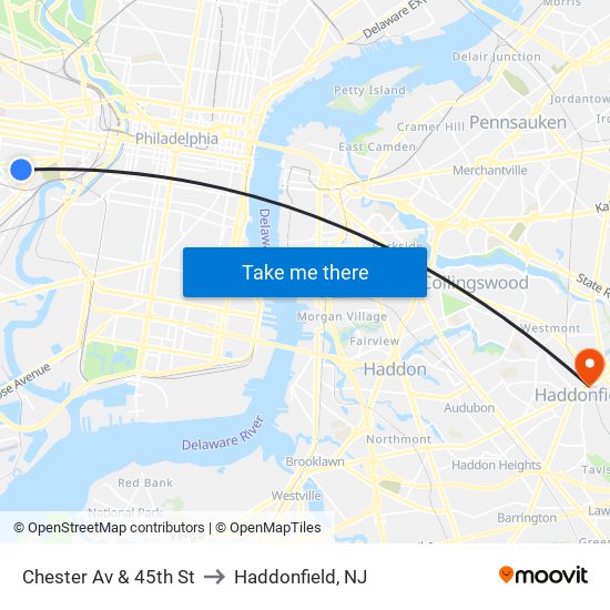 Chester Av & 45th St to Haddonfield, NJ map