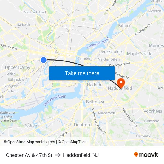 Chester Av & 47th St to Haddonfield, NJ map