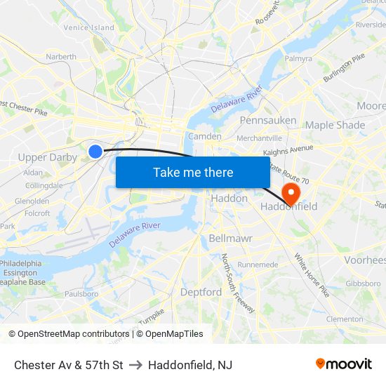Chester Av & 57th St to Haddonfield, NJ map