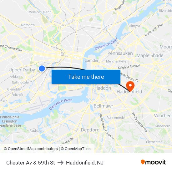 Chester Av & 59th St to Haddonfield, NJ map