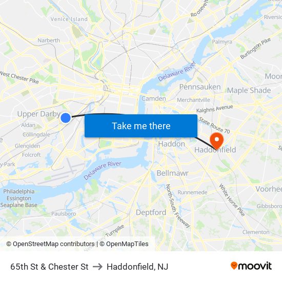 65th St & Chester St to Haddonfield, NJ map