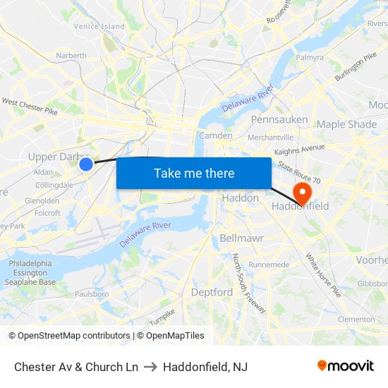 Chester Av & Church Ln to Haddonfield, NJ map