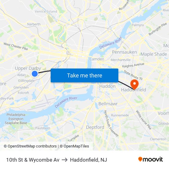 10th St & Wycombe Av to Haddonfield, NJ map