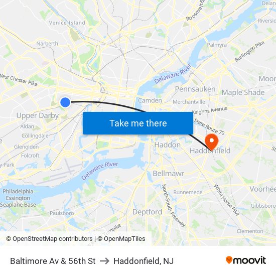 Baltimore Av & 56th St to Haddonfield, NJ map