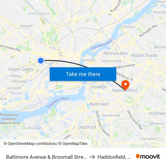 Baltimore Avenue & Broomall Street to Haddonfield, NJ map
