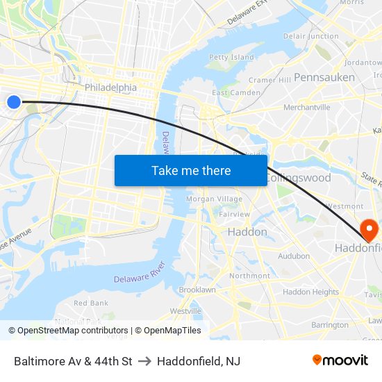 Baltimore Av & 44th St to Haddonfield, NJ map