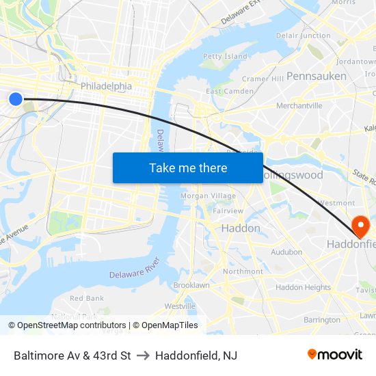 Baltimore Av & 43rd St to Haddonfield, NJ map