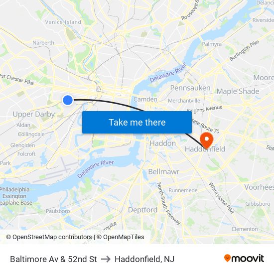 Baltimore Av & 52nd St to Haddonfield, NJ map
