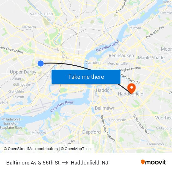 Baltimore Av & 56th St to Haddonfield, NJ map