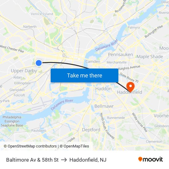 Baltimore Av & 58th St to Haddonfield, NJ map