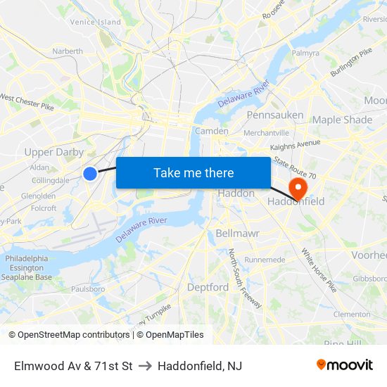 Elmwood Av & 71st St to Haddonfield, NJ map