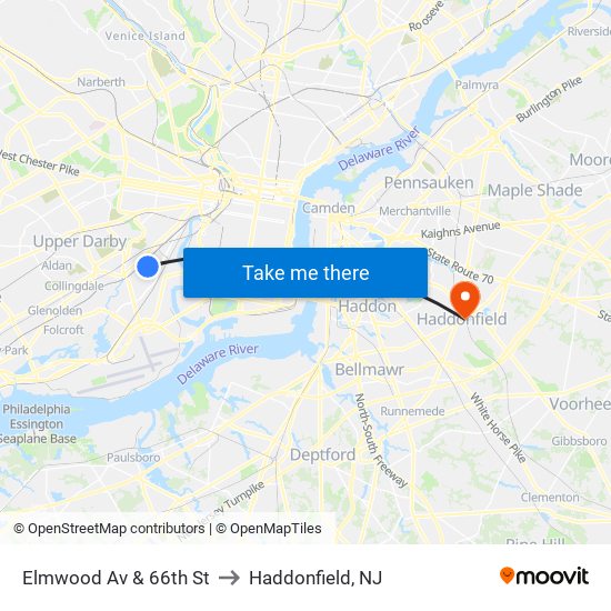 Elmwood Av & 66th St to Haddonfield, NJ map