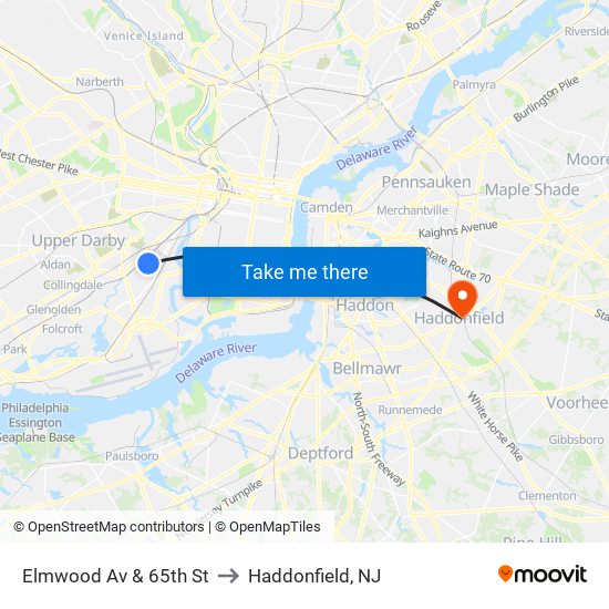 Elmwood Av & 65th St to Haddonfield, NJ map