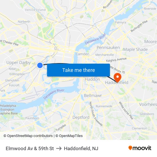 Elmwood Av & 59th St to Haddonfield, NJ map