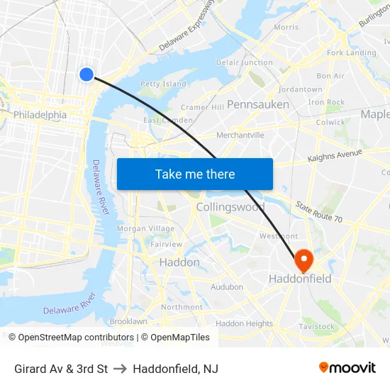 Girard Av & 3rd St to Haddonfield, NJ map