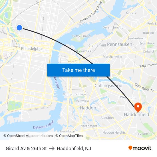 Girard Av & 26th St to Haddonfield, NJ map