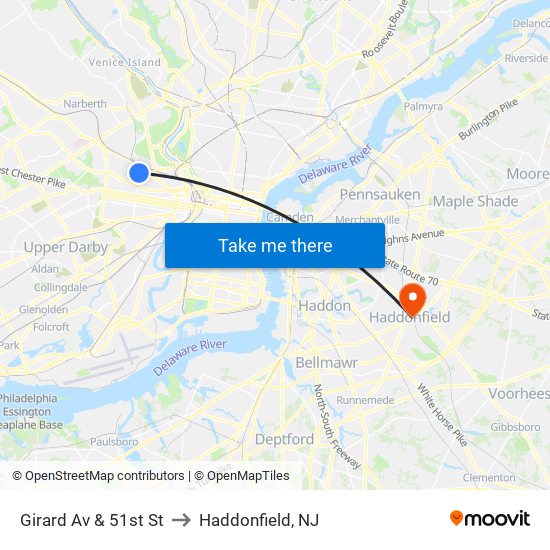 Girard Av & 51st St to Haddonfield, NJ map