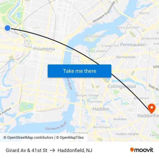 Girard Av & 41st St to Haddonfield, NJ map
