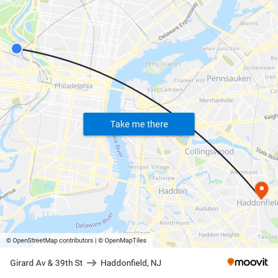 Girard Av & 39th St to Haddonfield, NJ map