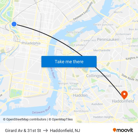 Girard Av & 31st St to Haddonfield, NJ map