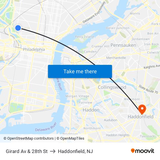 Girard Av & 28th St to Haddonfield, NJ map