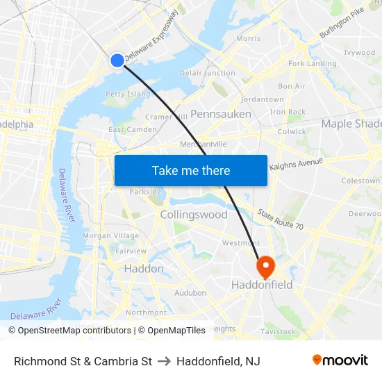 Richmond St & Cambria St to Haddonfield, NJ map