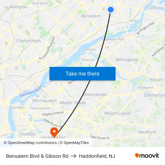 Bensalem Blvd & Gibson Rd to Haddonfield, NJ map