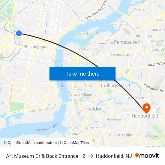 Art Museum Dr & Back Entrance - 2 to Haddonfield, NJ map