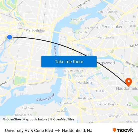 University Av & Curie Blvd to Haddonfield, NJ map