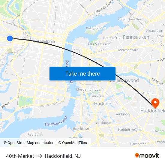 40th-Market to Haddonfield, NJ map