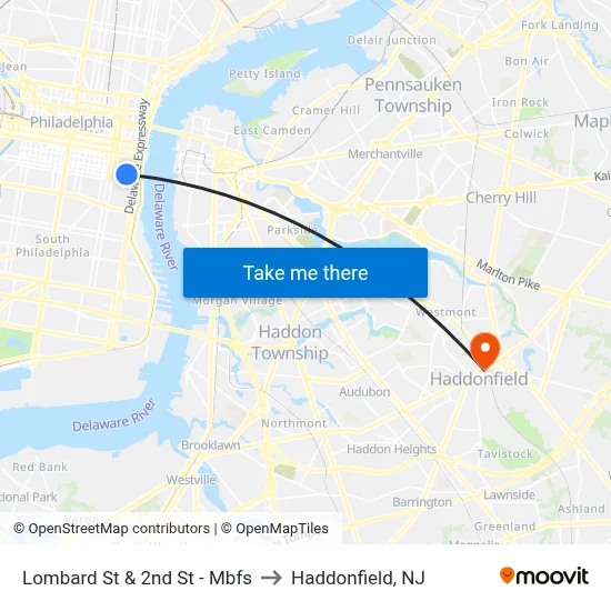 Lombard St & 2nd St - Mbfs to Haddonfield, NJ map