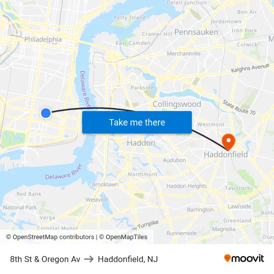 8th St & Oregon Av to Haddonfield, NJ map