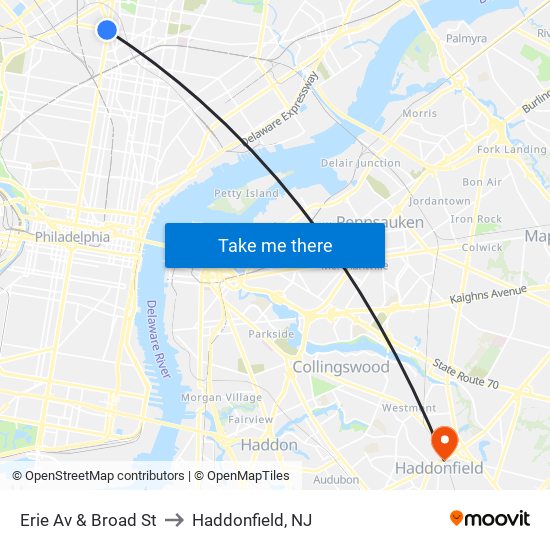 Erie Av & Broad St to Haddonfield, NJ map