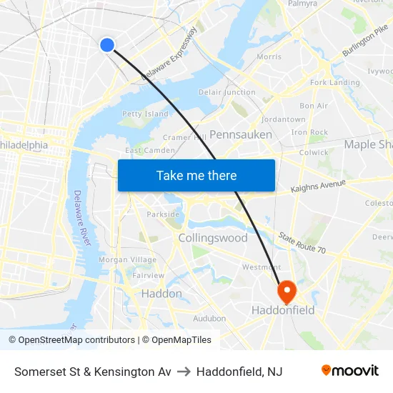 Somerset St & Kensington Av to Haddonfield, NJ map