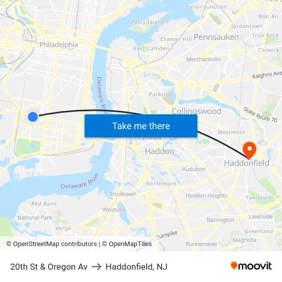 20th St & Oregon Av to Haddonfield, NJ map