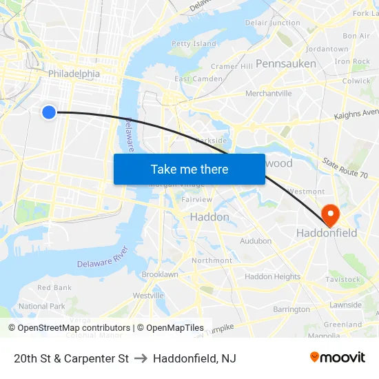 20th St & Carpenter St to Haddonfield, NJ map