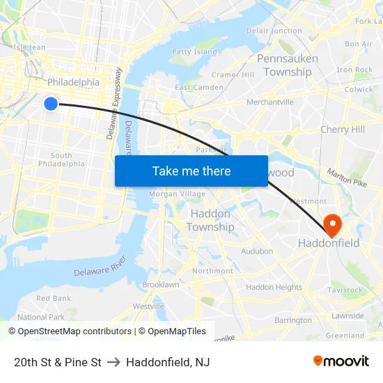 20th St & Pine St to Haddonfield, NJ map