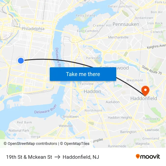 19th St & Mckean St to Haddonfield, NJ map