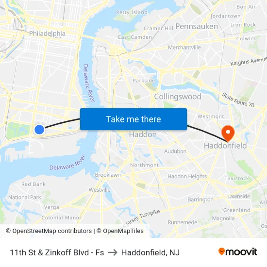 11th St & Zinkoff Blvd - Fs to Haddonfield, NJ map