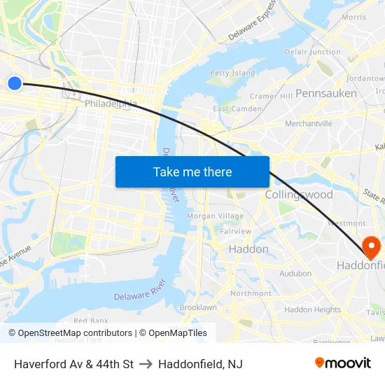 Haverford Av & 44th St to Haddonfield, NJ map