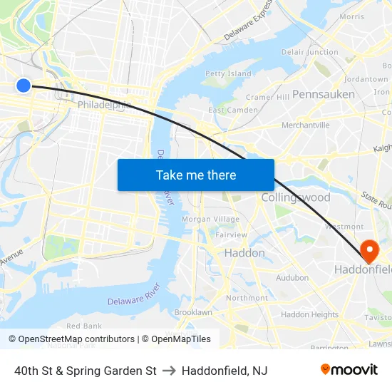 40th St & Spring Garden St to Haddonfield, NJ map