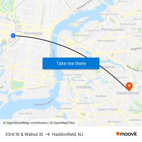 33rd St & Walnut St to Haddonfield, NJ map