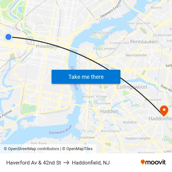 Haverford Av & 42nd St to Haddonfield, NJ map