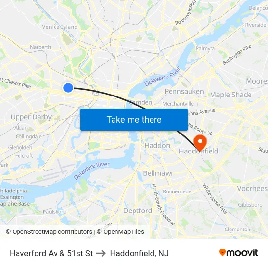 Haverford Av & 51st St to Haddonfield, NJ map
