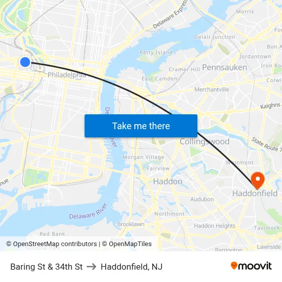Baring St & 34th St to Haddonfield, NJ map