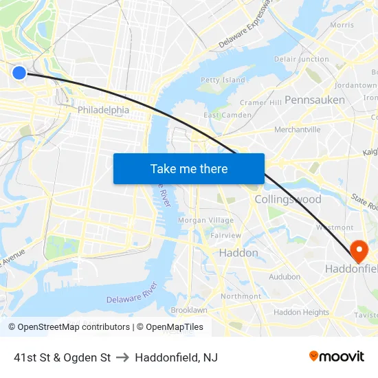 41st St & Ogden St to Haddonfield, NJ map