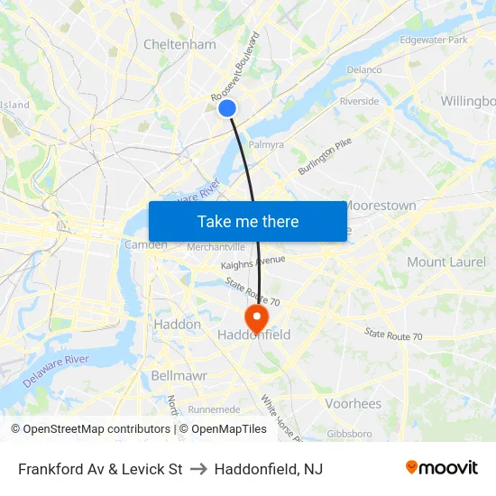 Frankford Av & Levick St to Haddonfield, NJ map
