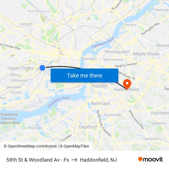 58th St & Woodland Av - Fs to Haddonfield, NJ map