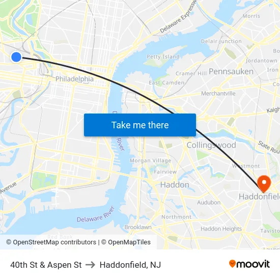 40th St & Aspen St to Haddonfield, NJ map